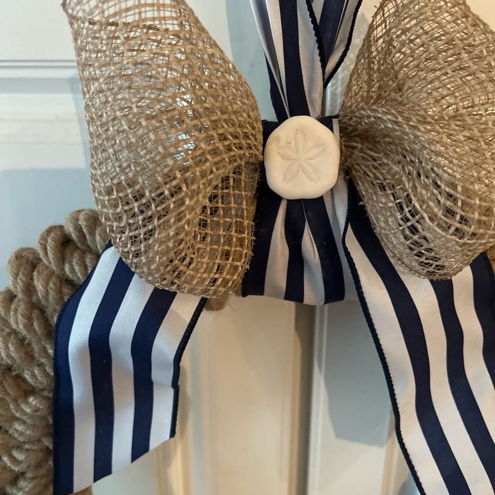 Nautical Rope Wreath with Striped Ribbon and Burlap Bow
